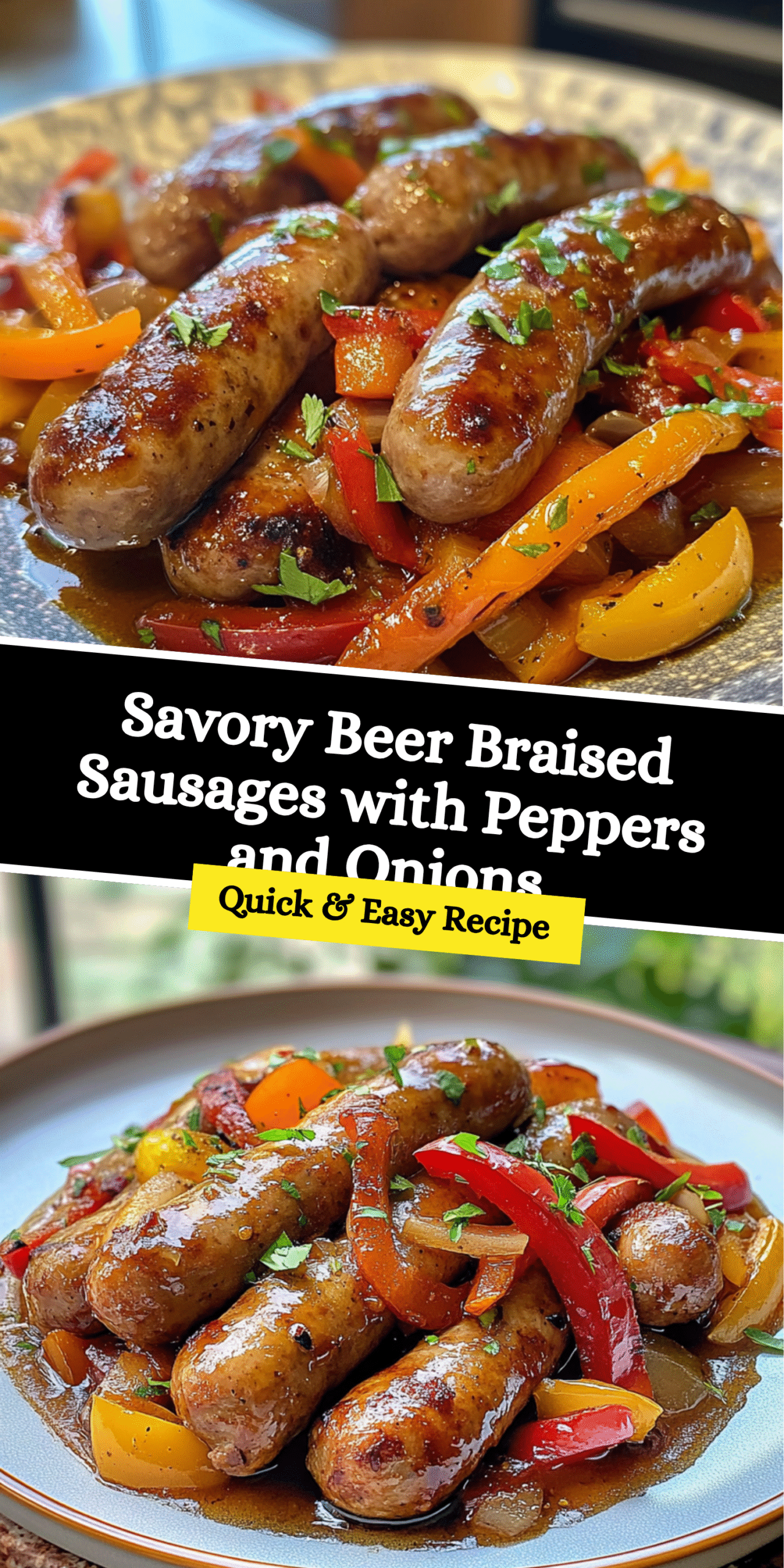 Savory Beer Braised Sausages with Peppers and Onions