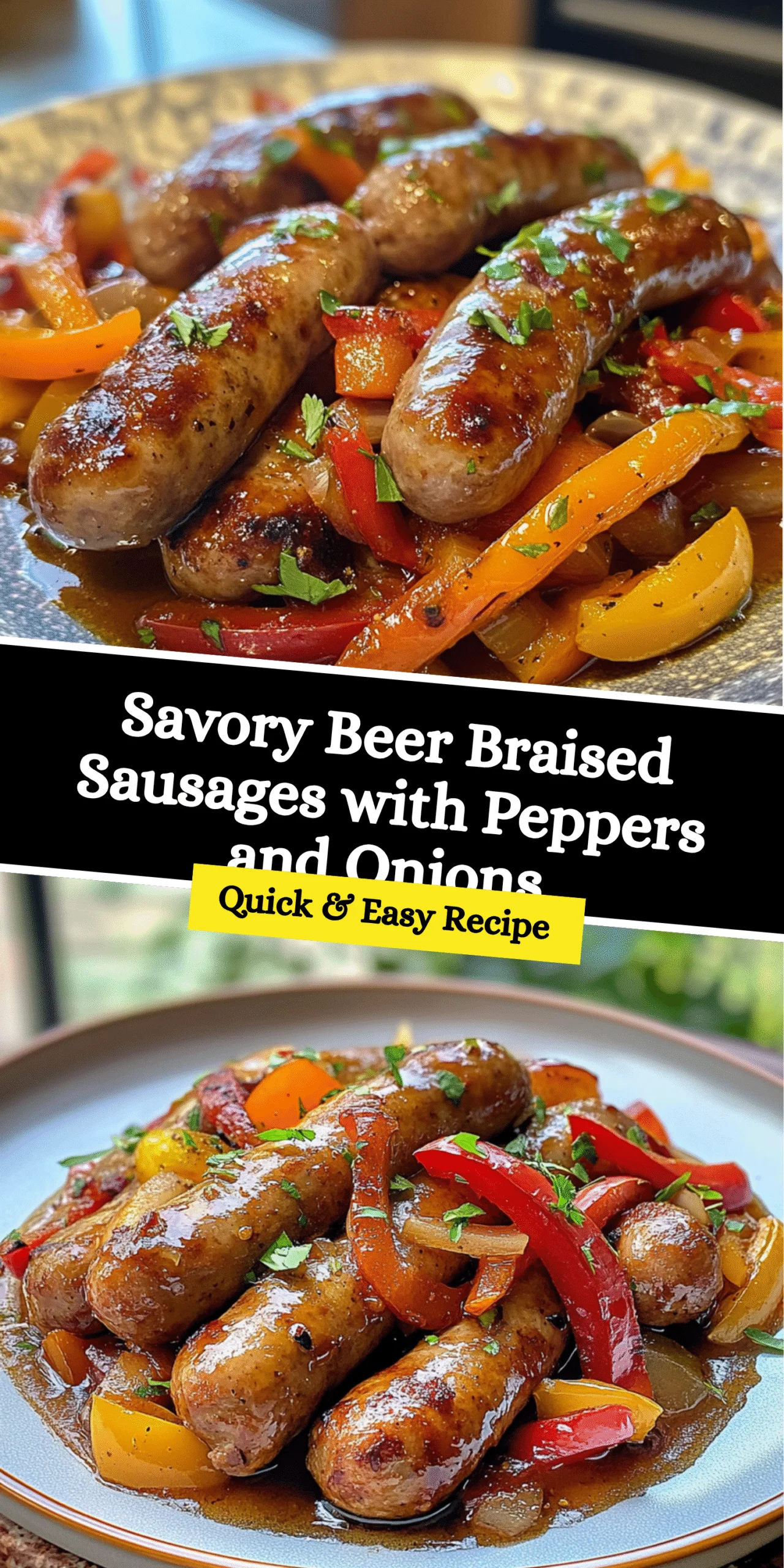 Savory Beer Braised Sausages with Peppers and Onions