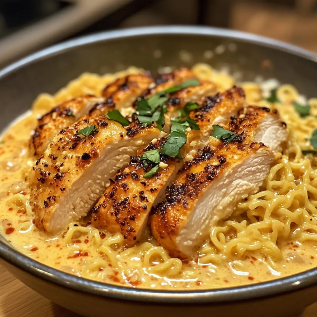 Fiery Chicken Ramen with Creamy Garlic Sauce