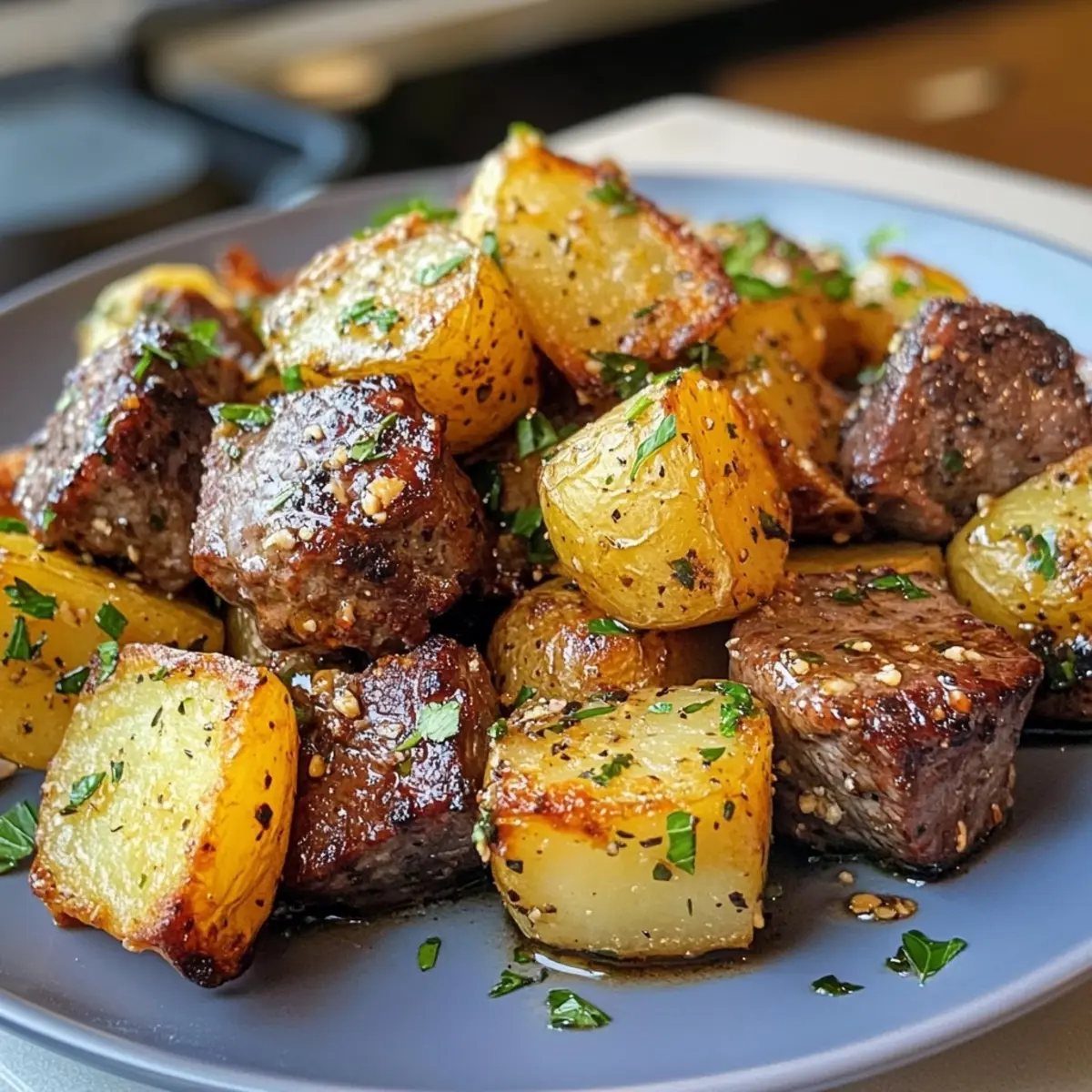 Garlic Butter Beef Bites & Potatoes make a perfect dinner