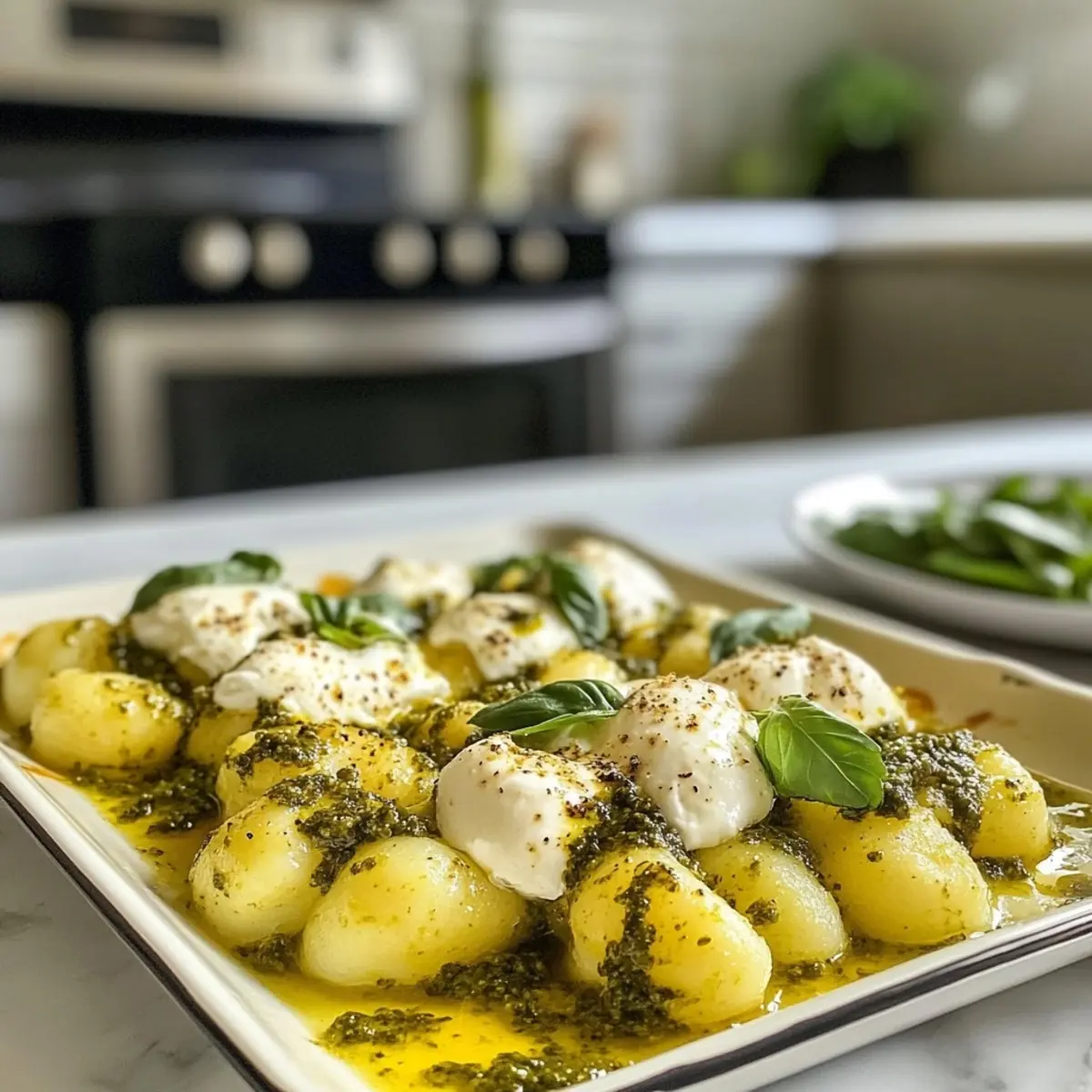 Sheet Pan Gnocchi with Pesto and Burrata