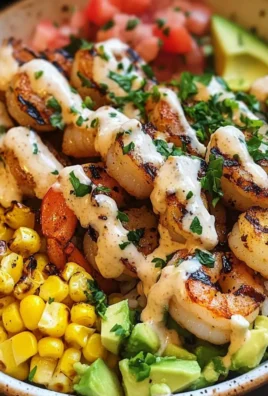 Grilled Shrimp Bowl with Avocado, Corn Salsa & Creamy Garlic Sauce