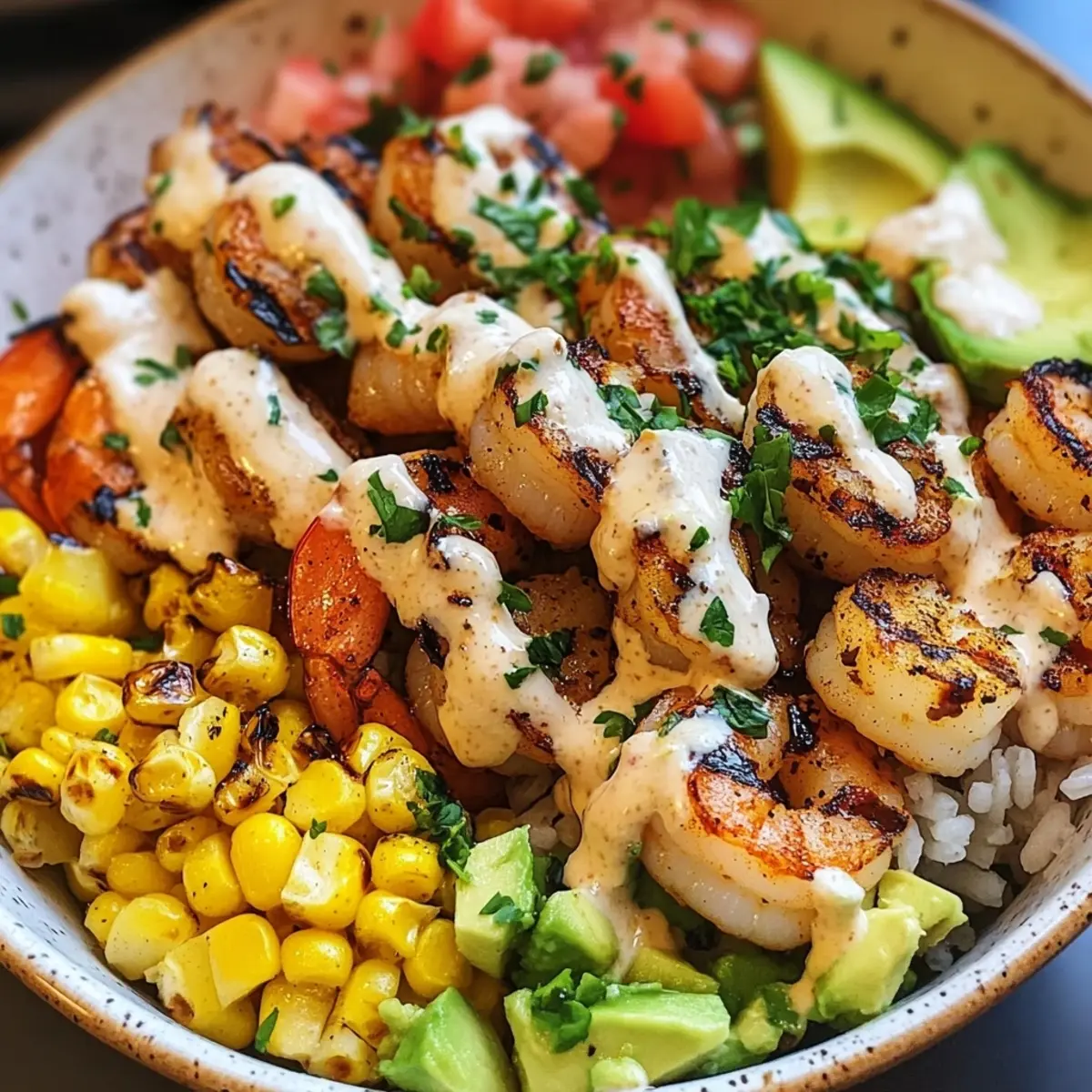 Grilled Shrimp Bowl with Avocado, Corn Salsa & Creamy Garlic Sauce