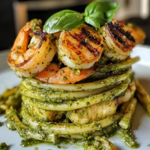 Pesto Pasta and Grilled Shrimp Stack