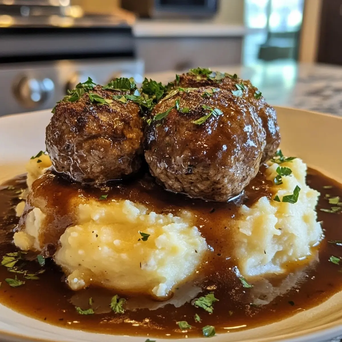 Salisbury Steak Meatballs with Garlic Herb Mashed Potatoes