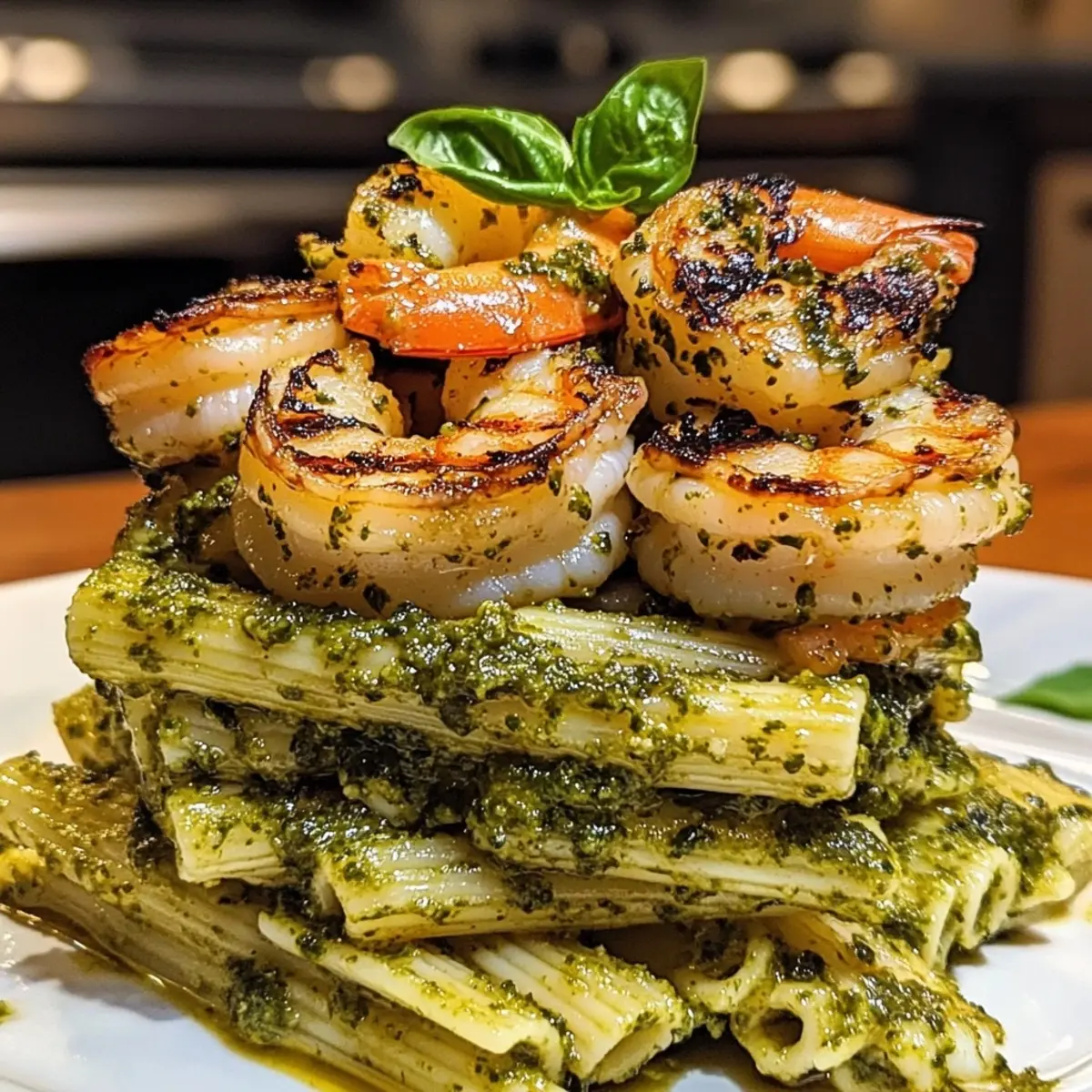 Pesto Pasta and Grilled Shrimp Stack