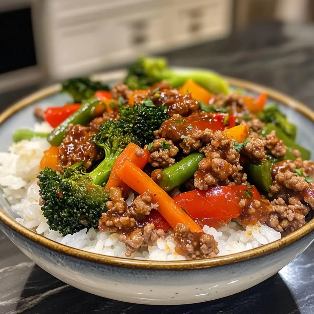 Spicy Ground Beef Stir-Fry Bowl with Garlic Veggies & Steamy Rice