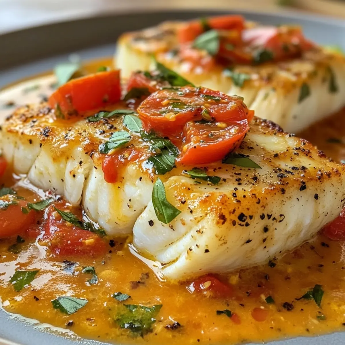 Pan-Seared Cod in White Wine Tomato Basil Sauce